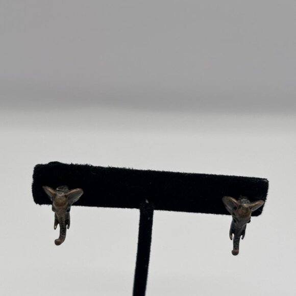 Antiqued Gold Detailed Elephant Stud Earrings with Rhinestone Eyes - Picture 3 of 6